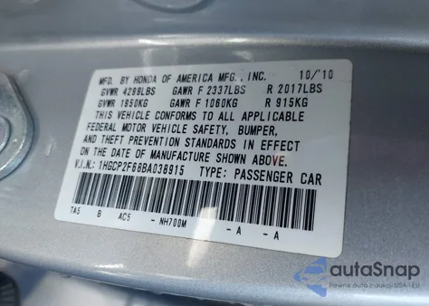 2011 Honda Accord 2.4 Se from USA, damaged, VIN 1HGCP2F68BA038915